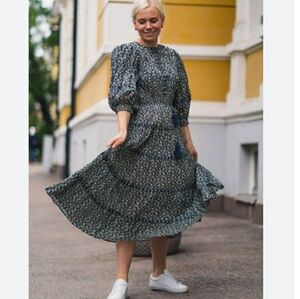 By Timo Blue Elephant Midi Dress Blue Green Size Large Cotton Boho